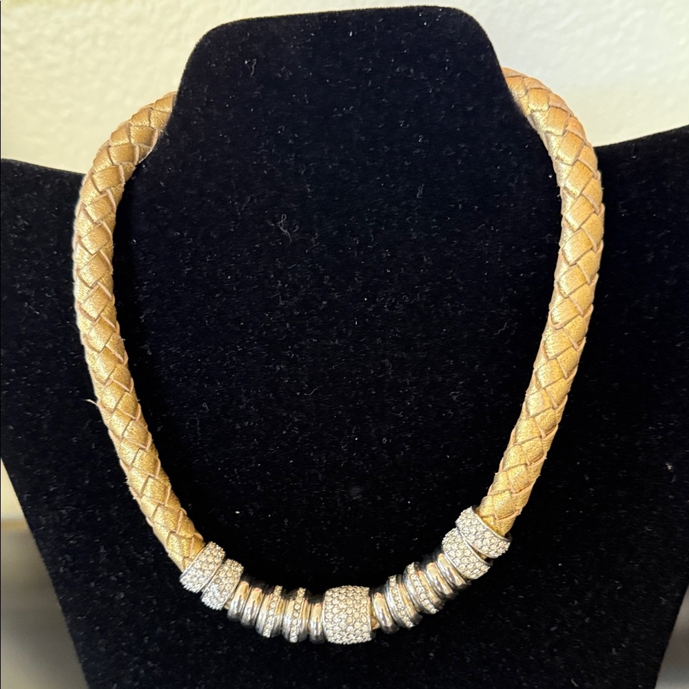 Serena Williams 2009 Braided Gold Leather necklace with Silver & Rhinestones EUC